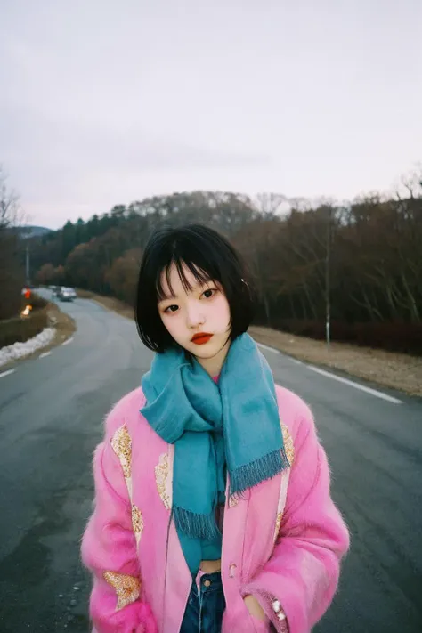 90s flash photo, empty road, beautiful girl, sin front of camera, best quality, masterpiece, raw photo, film photo,  Renhang, <lora:epiNoiseoffset_v2:1.5>,