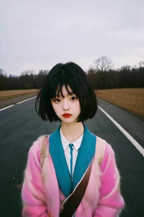 masterpiece, raw photo, film photo, 90s flash photo, 1girl, empty road, beautiful girl, sin front of camera, best quality, Renhang, <lora:epiNoiseoffset_v2:1.5>,