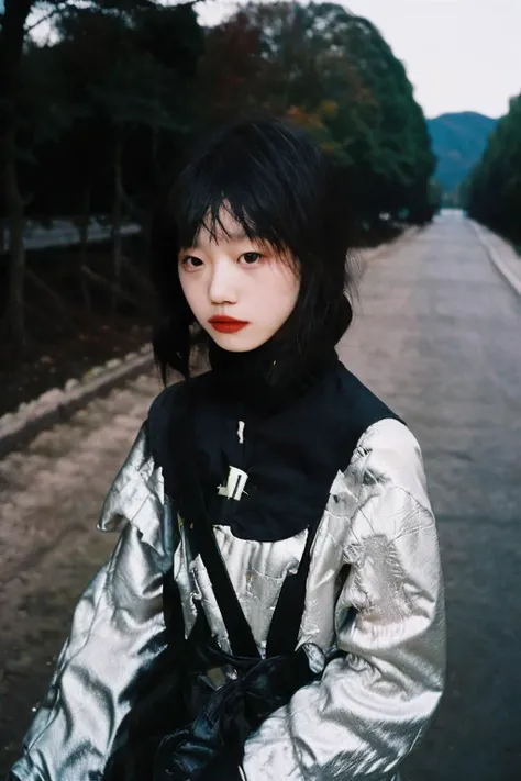 90s flash photo, empty road, beautiful girl, sin front of camera, best quality, masterpiece, raw photo, film photo, <lora:Renhang_20230622161247:0.95>, Renhang, <lora:epiNoiseoffset_v2:1.5>, <lora:XM_1_1:1:FACE>