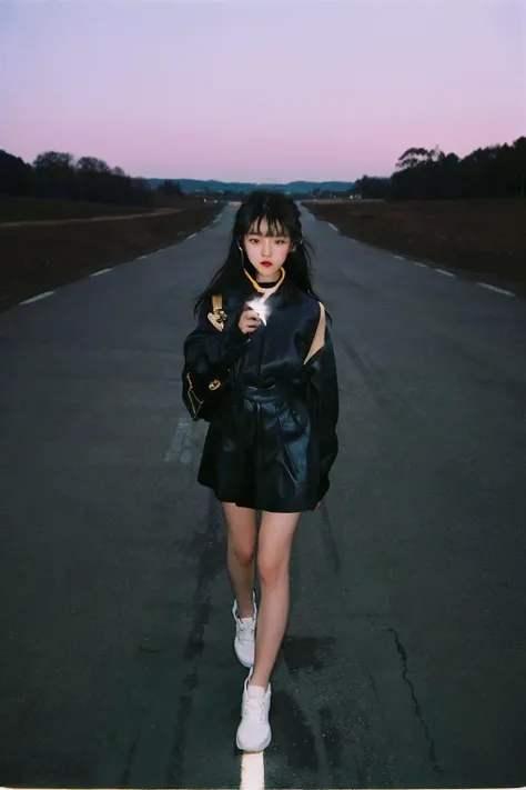 90s flash photo, empty road, beautiful girl, sin front of camera, best quality, masterpiece, raw photo, film photo, <lora:Renhang_20230622161247:0.85>, Renhang, <lora:epiNoiseoffset_v2:1.5>,