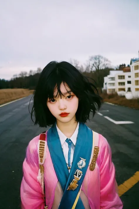 masterpiece, raw photo, film photo,   90s flash photo, 1girl, empty road, beautiful girl, sin front of camera, best quality, Renhang, <lora:epiNoiseoffset_v2:1.5>,