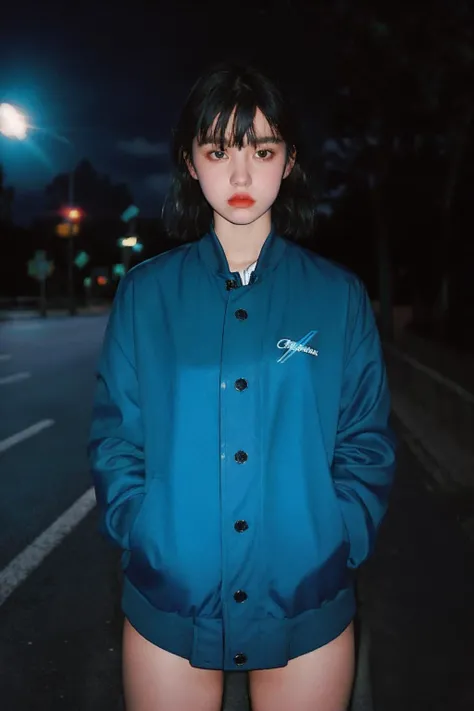 90s flash photo, empty road, beautiful girl in blue sport jacket, serious face, in front of camera, best quality, masterpiece, raw photo, film photo, Renhang, <lora:epiNoiseoffset_v2:1.5>