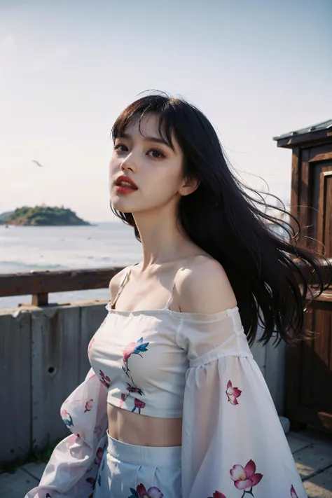 Best quality, masterpiece, ultra high res, raw photo, beautiful and aesthetic,deep shadow, dark theme,(photorealistic:1.4),
(1girl, long hair, laughing, (wind blowing hair, black hair with bangs), print shirt, small face, off shoulders), slim body, fit, cowboyshot, fashi-girl, Renhang, 
outdoors,