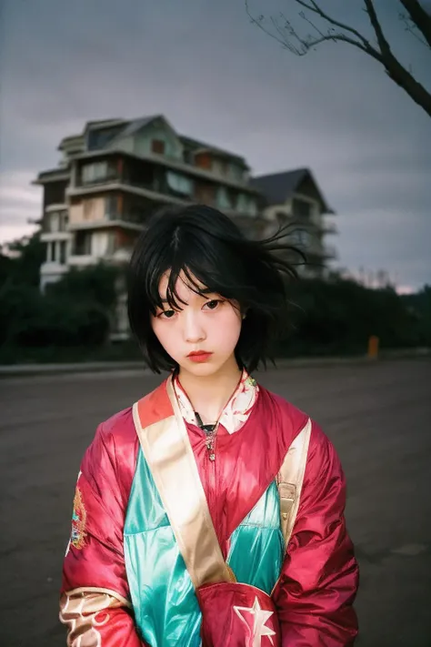 masterpiece, raw photo, film photo,   90s flash photo, 1girl, empty road, beautiful 1girl, sin front of camera, best quality, <lora:Renhang_20230622161247:0.85>, Renhang, <lora:epiNoiseoffset_v2:1.5>,