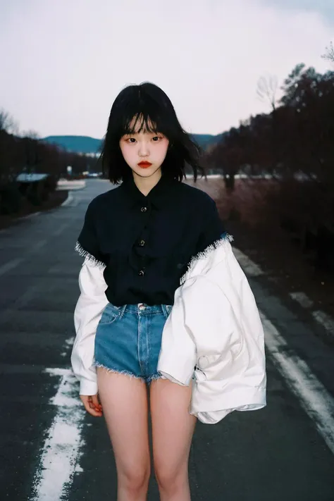 90s flash photo, empty road, beautiful girl, sin front of camera, best quality, masterpiece, raw photo, film photo,   <lora:Renhang_20230622161247:0.95>, Renhang, <lora:epiNoiseoffset_v2:1.5>,