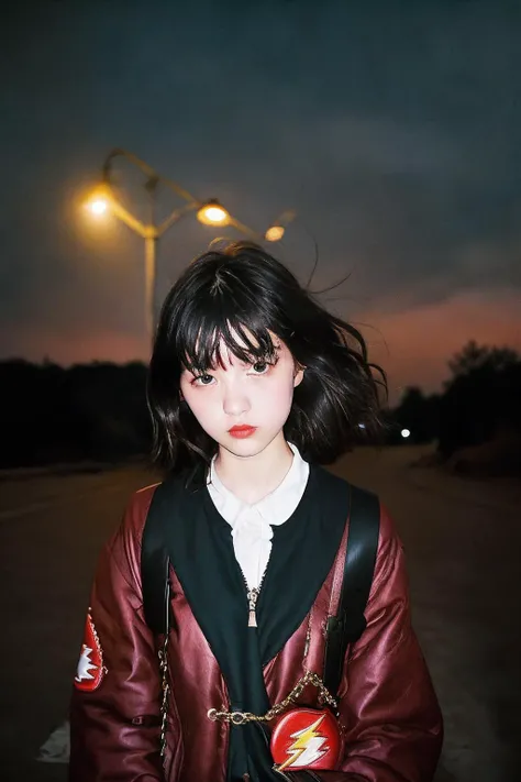 masterpiece, raw photo, film photo, 90s flash photo, 1girl, empty road, beautiful 1girl, sin front of camera, best quality, <lora:Renhang_20230622161247:0.85>, Renhang, <lora:epiNoiseoffset_v2:1.5>,