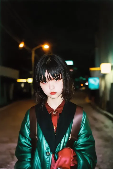 masterpiece, raw photo, film photo, 90s flash photo, 1girl, empty road, beautiful 1girl, sin front of camera, best quality, <lora:Renhang_20230622161247:0.85>, Renhang, <lora:epiNoiseoffset_v2:1.5>,
