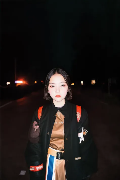 masterpiece, raw photo, film photo, 90s flash photo, 1girl, empty road, beautiful 1girl, sin front of camera, best quality, <lora:Renhang_20230622161247:0.85>, Renhang, <lora:epiNoiseoffset_v2:1.5>,