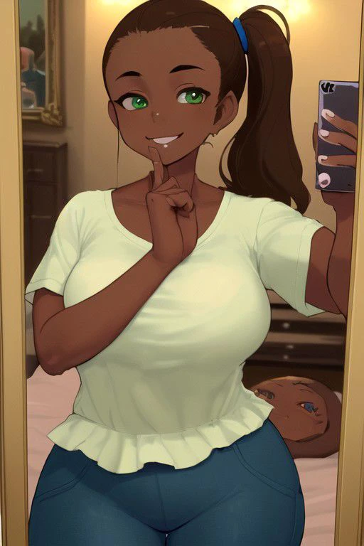 (masterpiece, best quality:1.4), <lora:carolinav4:0.7>, brown hair, green eyes, curvy, side ponytail, dark-skinned female, female, tan, 1girl, indoors, shirt, short sleeves, blue pants, white shirt, breasts, smile, frilled shirt, mirror, smartphone, selfie, pov, aesthetic bedroom, soft lighting, picture frame, perfect hands,