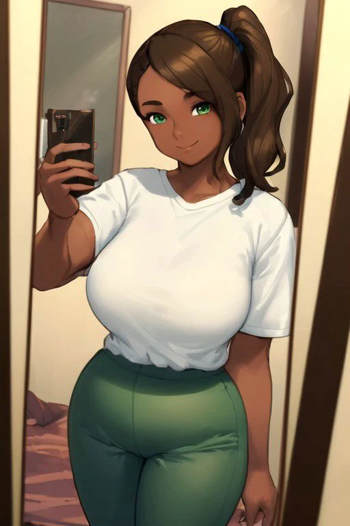 (masterpiece, best quality:1.4), <lora:carolinav4:0.7>, brown hair, green eyes, curvy, side ponytail, dark-skinned female, female, tan, 1girl, indoors, shirt, short sleeves, blue pants, white shirt, breasts, smile, frilled shirt, mirror, smartphone, selfie, pov, aesthetic bedroom, soft lighting, picture frame, perfect hands,