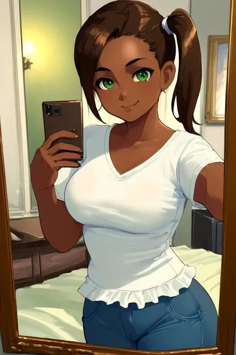 (masterpiece, best quality:1.4), <lora:carolinav4:0.7>, brown hair, green eyes, curvy, side ponytail, dark-skinned female, female, tan, 1girl, indoors, shirt, short sleeves, blue pants, white shirt, breasts, smile, frilled shirt, mirror, smartphone, selfie, pov, aesthetic bedroom, soft lighting, picture frame, perfect hands,