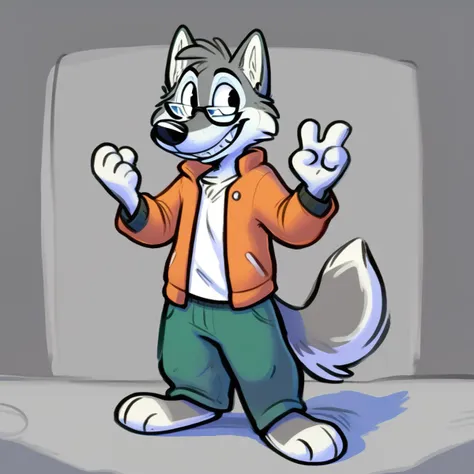 anthro, solo, mammal, clothing, male, detailed background, smile, eyewear, fur, clothed, topwear, glasses, canid, canine, grey body, grey fur, toony, blue body, bottomwear, biped, black nose, pants, feet, wolf, 4 fingers, fingers, gesture, canis, shirt, teeth, barefoot, toes, facial tuft, tuft, cheek tuft, jacket, <lora:b4ked4l4sk4_1.0Pony:1> <lora:Pony_QualityV4.0:1>