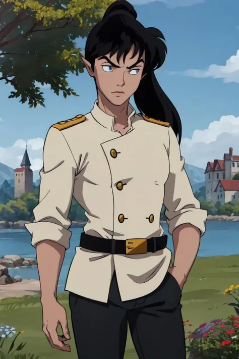 inusen,koga,1boy,blue eyes, black hair, ponytail,pointy ears,whitee prince outfit,(closed white jacket),black pants,double-breasted,collared jacket,gold trim,military uniform,high collar,black belt,belt buckle,(castle on the background), tree,blue sky, moat,flowers, (best quality, masterpiece) <lora:koga_v1:1> <lora:inusen_v1:1>