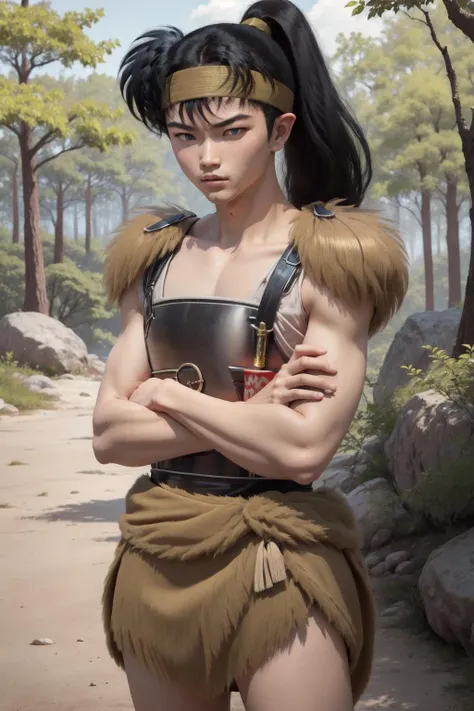 koga,1boy, solo,blue eyes, black hair, ponytail,pointy ears,light brown headband,sheathed katana, cuirass,fur shoulder pads, fur vambraces, fur skirt,crossed arms, forest,outdoors,nature, (best quality, masterpiece) <lora:koga_v1:1> <lora:hipoly_3dcg_v7-epoch-000012:0.5>