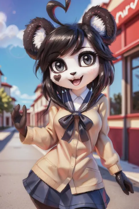 kenny \(kenashcorp\), panda, female, three-quarter portrait, school uniform, blue skirt, blue sky, smile, (heart ahoge), 3d, scut tail, open mouth, black hair, black eyes, by personalami, by miso souperstar, <lora:kenny_shrink:1>