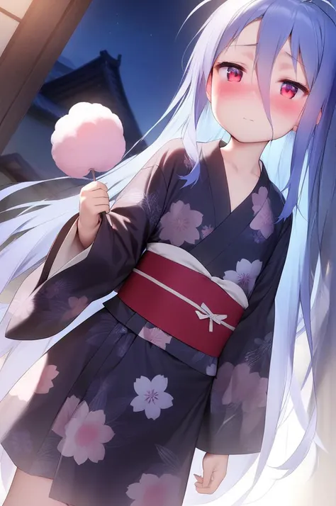 1girl,solo,petite,slender,night,cotton candy,paper lantans,yomise, antenna hair,collarbone, blue hair,very long hair,very long bang between eyes, red eyes,jyojifuku,floral yukata,japanese clothes,crown,shy,dull,blush,cinematic angle,standing <lora:better skin typeB-v1:0.7> <lora:XDetail_light:1> ,,masterpiece,best quality, very aesthetic, absurdres <lora:bai:0.7> <lora:yukata_XL_V1.0:0.7>