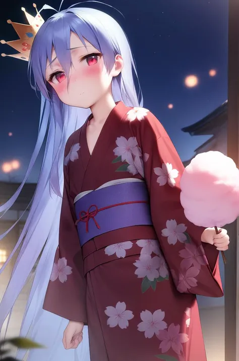 1girl,solo,petite,slender,night,cotton candy,paper lantans,yomise, antenna hair,collarbone, blue hair,very long hair,very long bang between eyes, red eyes,jyojifuku,floral yukata,japanese clothes,crown,shy,dull,blush,cinematic angle,standing <lora:better skin typeB-v1:0.7> <lora:XDetail_light:1> ,,masterpiece,best quality, very aesthetic, absurdres <lora:bai:0.7> <lora:yukata_XL_V1.0:0.7>