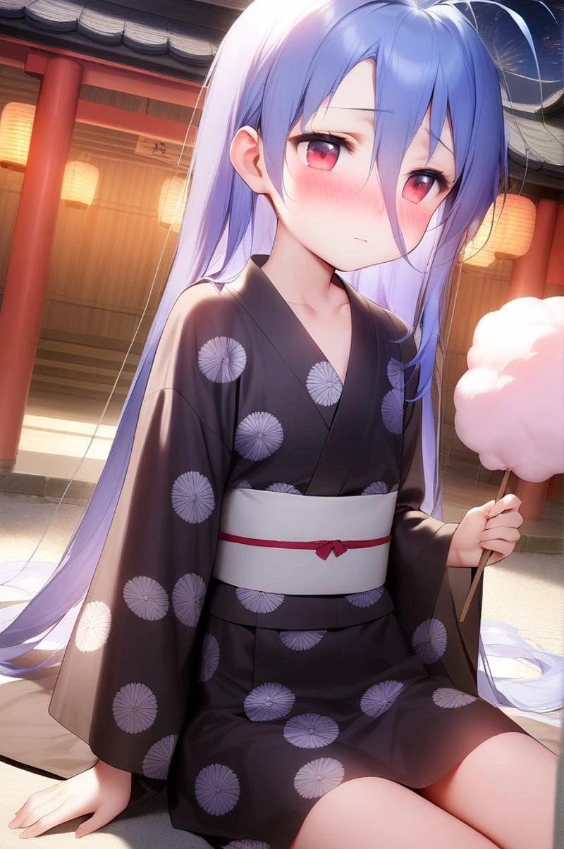 1girl,solo,petite,slender,night,cotton candy,paper lantans,shrine,fireworks,yomise, antenna hair,collarbone, blue hair,very long hair,very long bang between eyes, red eyes,jyojifuku,floral yukata,japanese clothes,crown,shy,dull,blush,cinematic angle,sitting <lora:better skin typeB-v1:0.7> <lora:XDetail_light:1> ,,masterpiece,best quality, very aesthetic, absurdres <lora:bai:0.7> <lora:yukata_XL_V1.0:0.7>