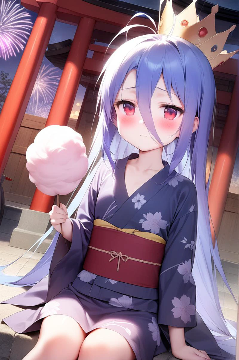 1girl,solo,petite,slender,night,cotton candy,paper lantans,shrine,fireworks,yomise, antenna hair,collarbone, blue hair,very long hair,very long bang between eyes, red eyes,jyojifuku,floral yukata,japanese clothes,crown,shy,dull,blush,cinematic angle,sitting <lora:better skin typeB-v1:0.7> <lora:XDetail_light:1> ,,masterpiece,best quality, very aesthetic, absurdres <lora:bai:0.7> <lora:yukata_XL_V1.0:0.7>