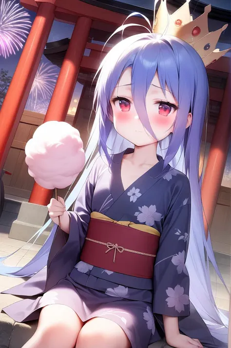 1girl,solo,petite,slender,night,cotton candy,paper lantans,shrine,fireworks,yomise, antenna hair,collarbone, blue hair,very long hair,very long bang between eyes, red eyes,jyojifuku,floral yukata,japanese clothes,crown,shy,dull,blush,cinematic angle,sitting <lora:better skin typeB-v1:0.7> <lora:XDetail_light:1> ,,masterpiece,best quality, very aesthetic, absurdres <lora:bai:0.7> <lora:yukata_XL_V1.0:0.7>