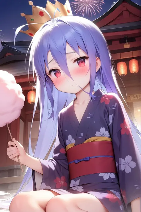 1girl,solo,petite,slender,night,cotton candy,paper lantans,shrine,fireworks,yomise, antenna hair,collarbone, blue hair,very long hair,very long bang between eyes, red eyes,jyojifuku,floral yukata,japanese clothes,crown,shy,dull,blush,cinematic angle,sitting <lora:better skin typeB-v1:0.7> <lora:XDetail_light:1> ,,masterpiece,best quality, very aesthetic, absurdres <lora:bai:0.7> <lora:yukata_XL_V1.0:0.7>