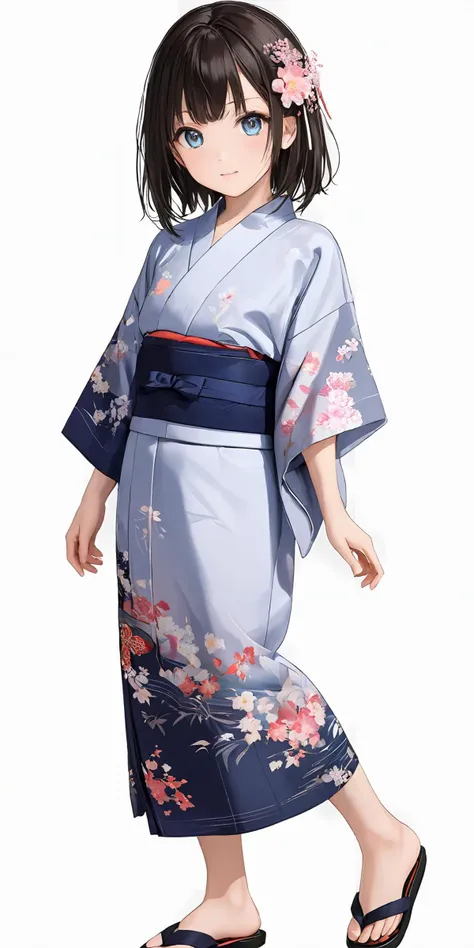 masterpiece,ultra-detailed,best quality,cute face,clean skin ,shiny hair,girl,ultra-detailed-eyes,simple background,
 <lora:yukata_XL_V1.0:0.6> jyojifuku, yukata, japanese clothes,hair ornament,sandals