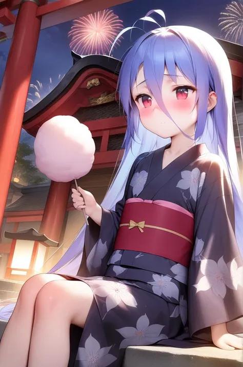 1girl,solo,petite,slender,night,cotton candy,paper lantans,shrine,fireworks,yomise, antenna hair,collarbone, blue hair,very long hair,very long bang between eyes, red eyes,jyojifuku,floral yukata,japanese clothes,crown,shy,dull,blush,cinematic angle,sitting <lora:better skin typeB-v1:0.7> <lora:XDetail_light:1> ,,masterpiece,best quality, very aesthetic, absurdres <lora:bai:0.7> <lora:yukata_XL_V1.0:0.7>