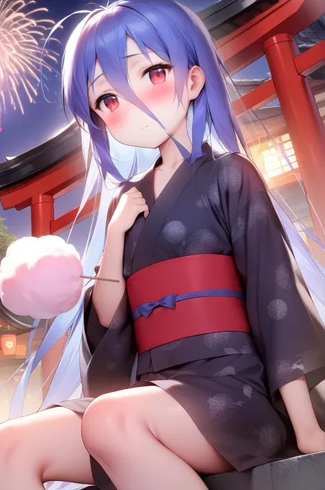 1girl,solo,petite,slender,night,cotton candy,paper lantans,shrine,fireworks,yomise, antenna hair,collarbone, blue hair,very long hair,very long bang between eyes, red eyes,jyojifuku,floral yukata,japanese clothes,crown,shy,dull,blush,cinematic angle,sitting <lora:better skin typeB-v1:0.7> <lora:XDetail_light:1> ,,masterpiece,best quality, very aesthetic, absurdres <lora:bai:0.7> <lora:yukata_XL_V1.0:0.7>