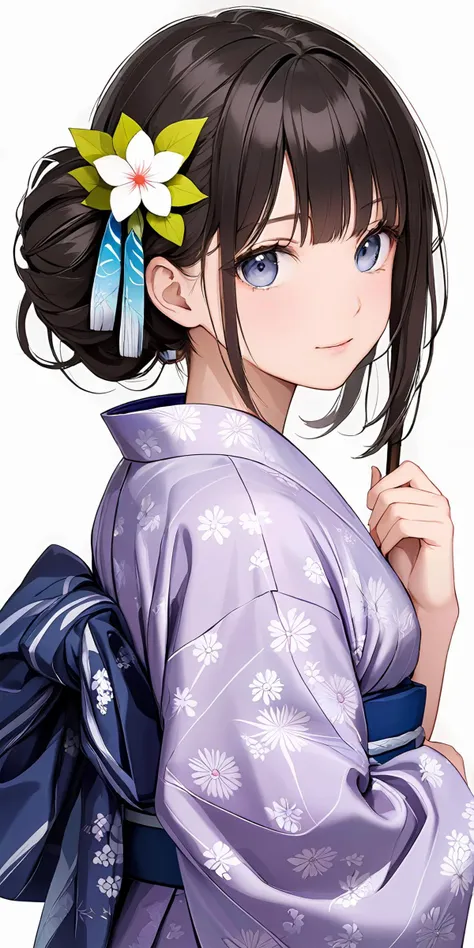 masterpiece,ultra-detailed,best quality,cute face,clean skin ,shiny hair,girl,ultra-detailed-eyes,simple background,
 <lora:yukata_XL_V1.0:0.5> jyojifuku, yukata, japanese clothes,hair ornament