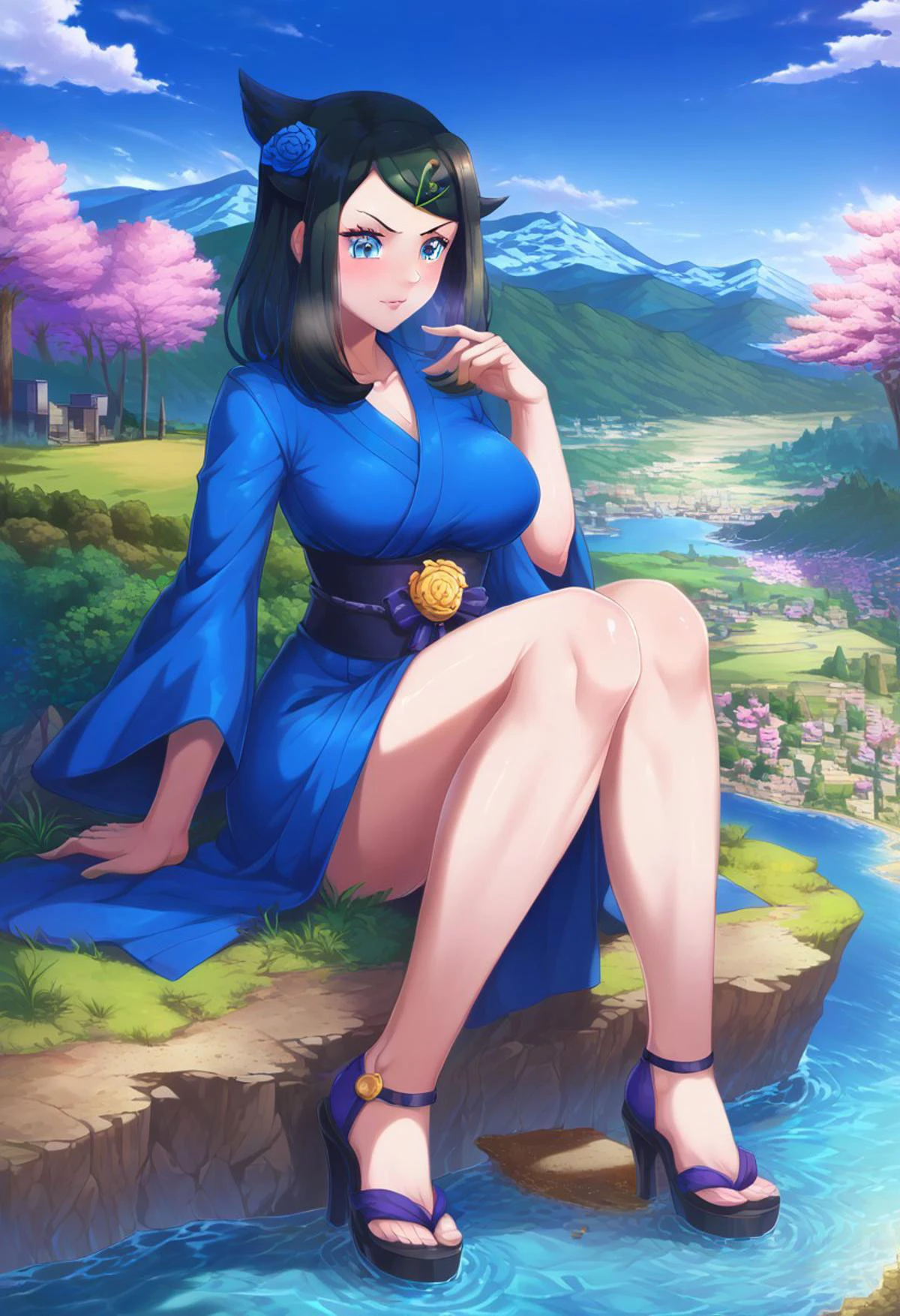 score_9, score_8_up, score_9_up, masterpiece, high quality, highly detailed, clean face, 1woman, 1girl, solo, shiny skin, soft focus, ray tracing, (ultradetailed background), (detailed face:1.2), ultradetailed face, liko \(pokemon\), long hair, black hair, blue highlights, cute, eyelashes, flower, hair flower, hair ornament, hair ornament on hair, purple (jyojifuku,yukata,japanese clothes), hair ornament, purple high heels, no chibi, f<lora:(p)NiceNature:1> <lora:loraeyesxl:0.5>, larger than mountains, towering over mountains, bigger than mountains, taller than mountains, big breasts, giantess full body shots, giantess, giant, goddess, divine goddess, size difference, super angry, blushing, long legs, perfect arms, perfect hands, perfect face, perfect legs, perfect thighs, perfect feet, perfect eyes, extremely beautiful, sexy, scenery, city background, mountain valley landscape, in a city, surrounded by buildings, surrounded by houses, surrounded by tall skyscrapers, dirt road, trees, forests, cherry blossoms, blue sky, mountains, fantasy, landscape, <lora:giantess:1>, sitting, forests, lake of water, giga giantess, gts, gigantic body, cliff, giantess sitting on a mountain cliff, water ripples, looking down, position at a the right,