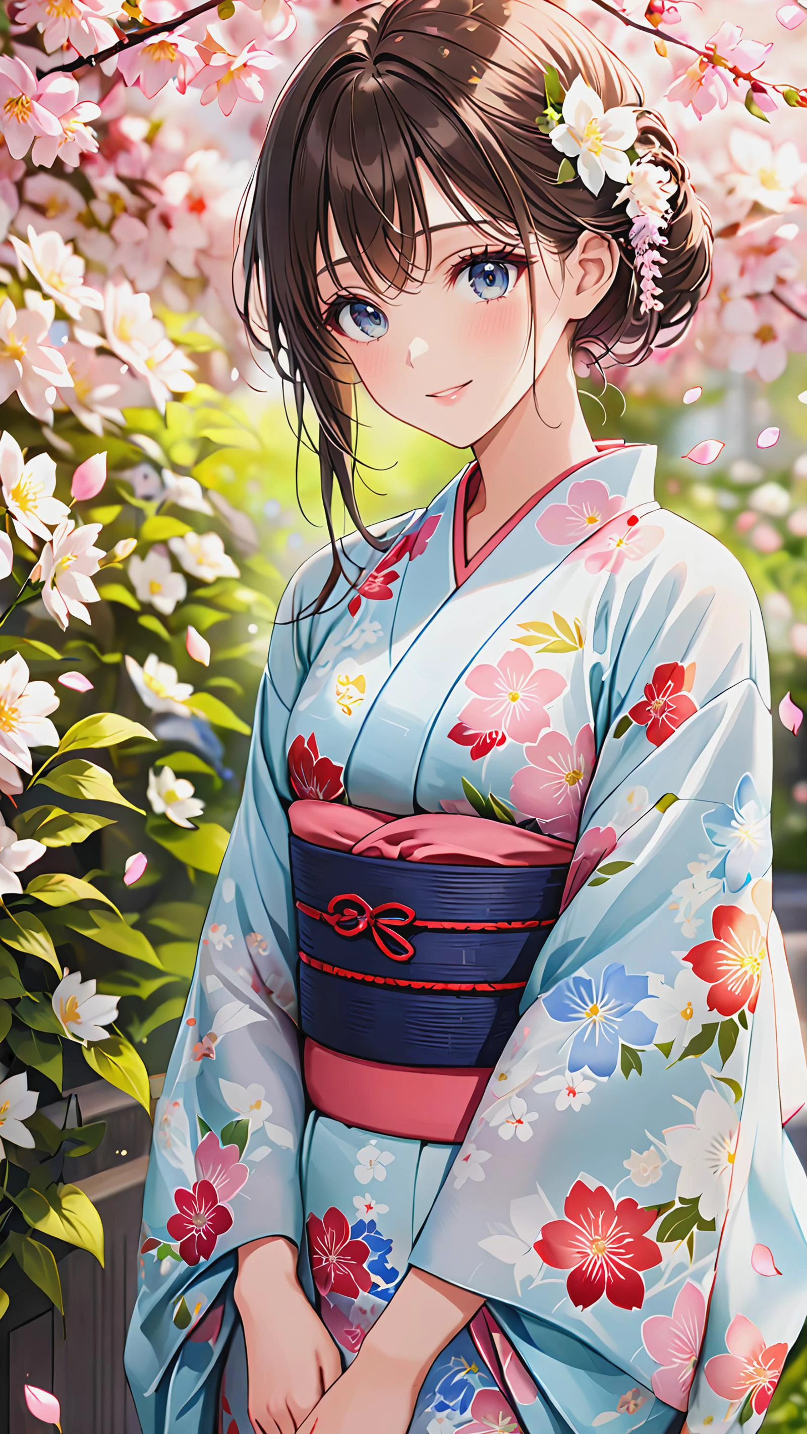 1 woman. flower background. petals. flower ornament. soft smile. japanese clothes. flower pattern clothes. garden.
beautiful skin. extremely delicate and beautiful. ultra detailed. clear eyes, detailed eyes. beautiful eyes.
<lora:yukata_XL_V1.0:1> yukata.