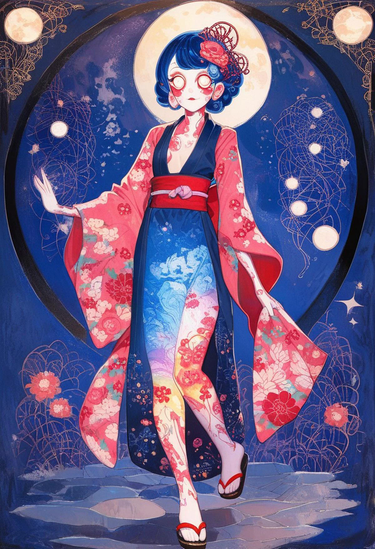 score_9, score_8_up, score_7_up, Expressiveh, ArsMJStyle, Art Nouveau,
jyojifuku, fluttering blue yukata, japanese clothes, floral print, hair ornament, sandals, painterly, shiny moon, dark sky,
high res image, masterpiece, best quality, woman, cute face, 1girl, (perfect curvy body), small breast, teasing bare thigh, plunging neckline, (mischievous look), looking at viewer, big beautiful eyes,
powerful glow around the girl, Chiaroscuro Lighting Style, (highlighted skin:1.6), delicate feet, explicit pose