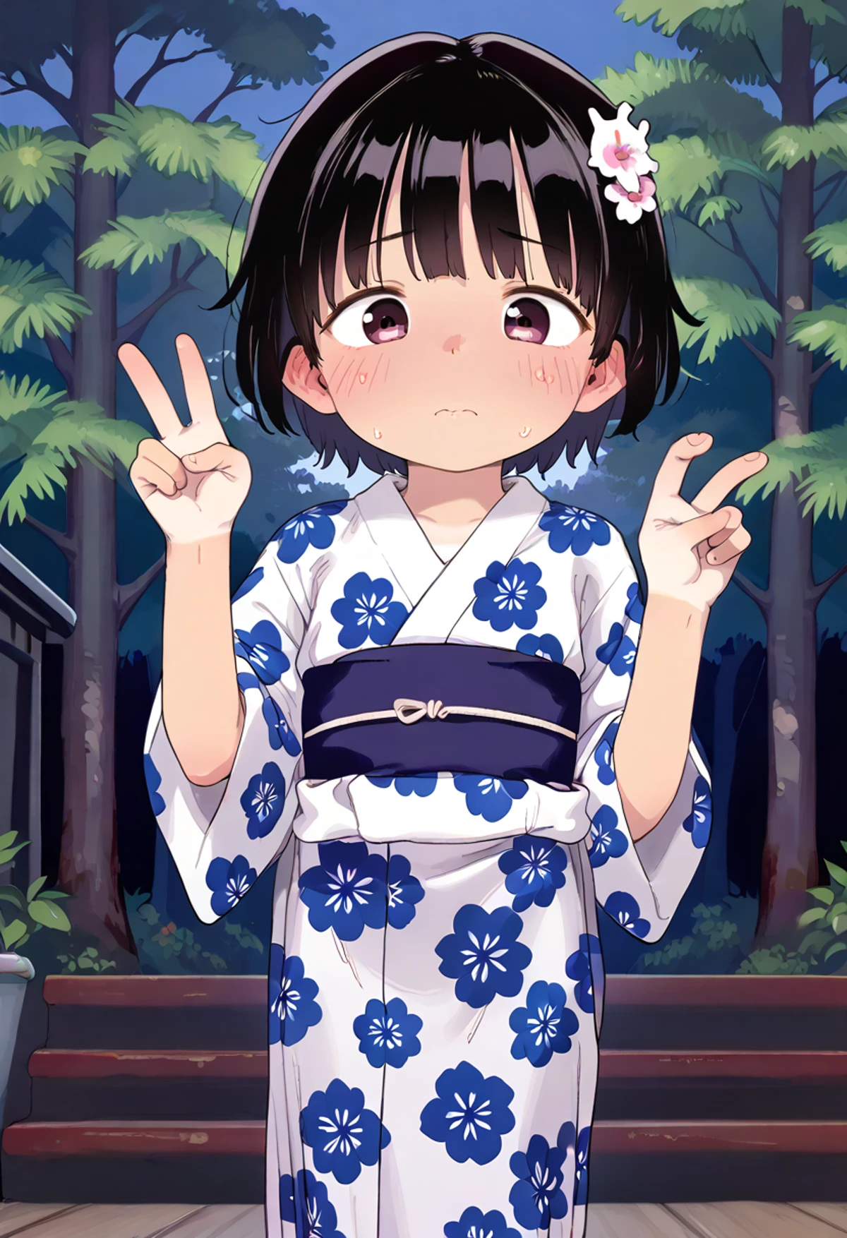 solo, embarrassed, full-face blush, looking down, tomboy, girl, ager, adolescent, black hair, bangs, short hair, flat chested, (tan:1.2), three-quarter portrait, narrow waist, boy short, (v sign:0.8), summer outside night, forest, <lora:yukata_pony_V1.0:0.6> jyojifuku, yukata, japanese clothes, floral print,hair ornament,