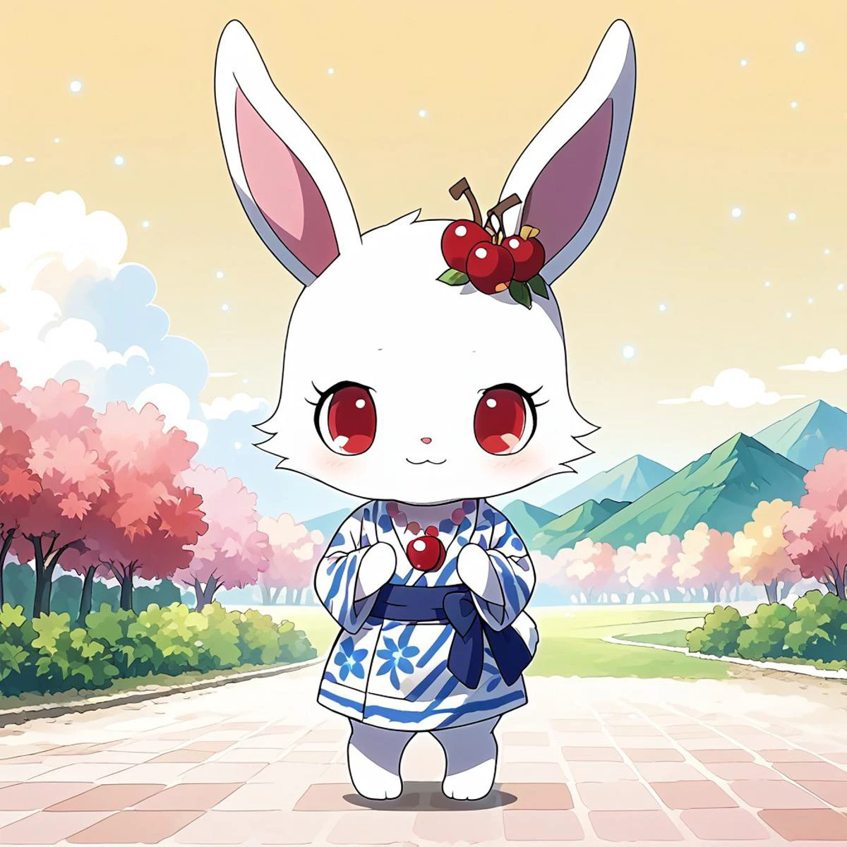 uploaded on e621, source_furry, moe, cute, score_10, score_9_up, score_8_up, score_7_up,
masterpiece, super fine illustration, best quality, light particles, ultra-detailed, 8K wallpaper, vivid colors,highly detailed beautiful face and eyes,
background:floral garden,nature_background,beautiful landscape,sun,blue_sky, mountain, field,
standing,
smile,happy, Full Body, Romantic, Small Body, Furry, looking_pleasured, jewel pet, ((solo,1girl,female)),center,Ruby,perfect ruby,(white fur,white body),((white color cheek fur)),red eyes,bedroom eyes,closed smile,
((clothed)),east asian clothing,((japanese clothing)),((jyojifuku,yukata,japanese clothes)),
no humans,animal,rabbit,rabbit ears,white ears, hair_accessory, 1 cherry blossom on bunny head,cherry blossom hair accessory,jewelry,necklace,cherries gem,cherries necklace,