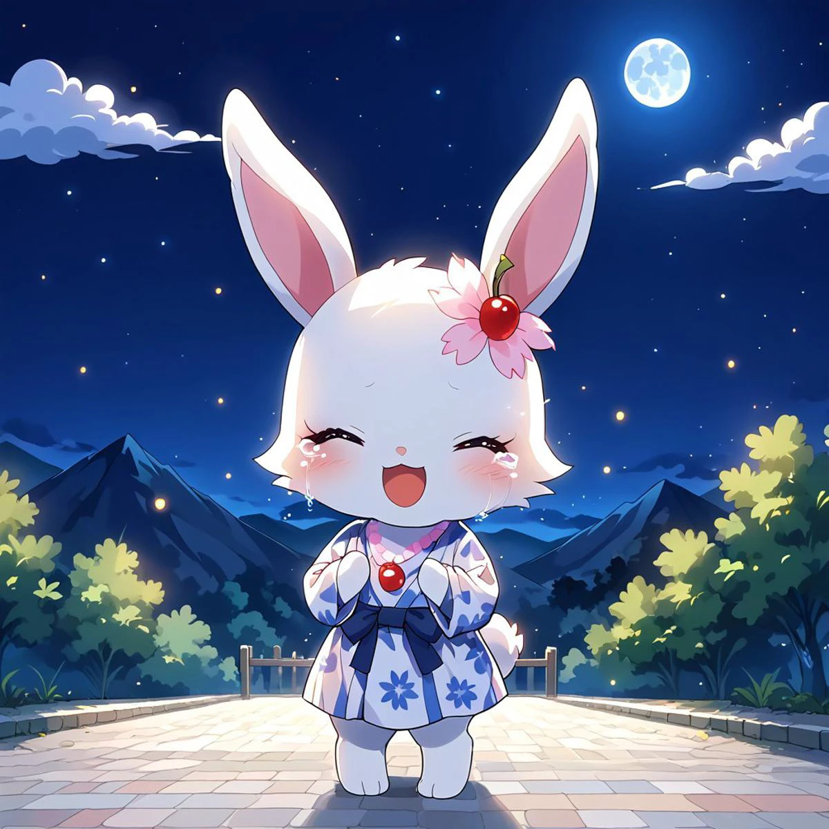 uploaded on e621, source_furry, moe, cute, score_10, score_9_up, score_8_up, score_7_up,
masterpiece, super fine illustration, best quality, light particles, ultra-detailed, 8K wallpaper, vivid colors,highly detailed beautiful face and eyes,
background:floral garden,nature_background,beautiful landscape, mountain, field,dark lighting,
(night time, night sky, dark blue lighting:1.3),
night,dark,moon,shiny,
standing,
smile,happy, Full Body, Romantic, Small Body, Furry, looking_pleasured, jewel pet, ((solo,1girl,female)),center,Ruby,perfect ruby,(white fur,white body),((white color cheek fur)),closed eyes,open smile,tears,happy_tears,bride,
((clothed)),east asian clothing,((japanese clothing)),((jyojifuku,yukata)),
no humans,animal,rabbit,rabbit ears,white ears, hair_accessory, 1 cherry blossom on bunny head,cherry blossom hair accessory,jewelry,necklace,cherries gem,cherries necklace,