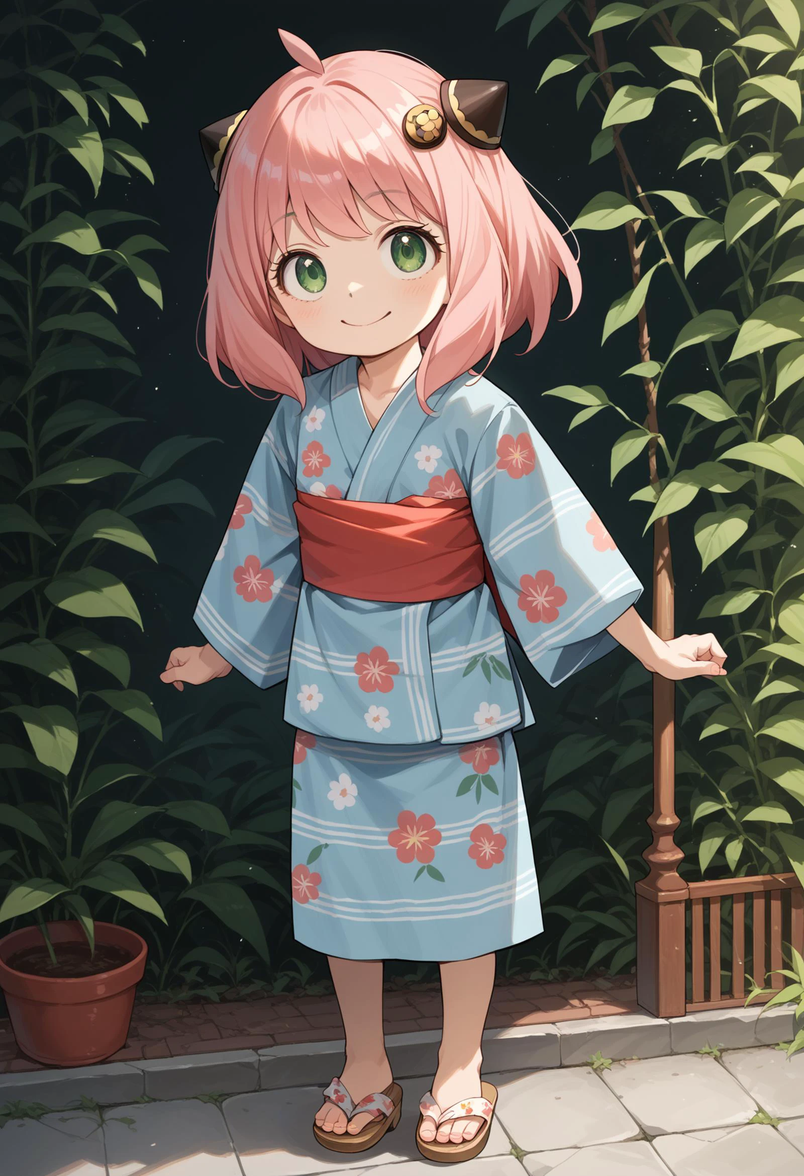score_9,score_8_up,score_7_up,
1girl, solo, Anya_(Spy_x_Family), <lora:Anya_Pony:0.8> green_eyes, pink_hair, medium_hair, ahoge, flat_chest, hairpods
jyojifuku, yukata, japanese clothes, floral print,hair ornament,sandals, smile <lora:yukata_pony_V1.0:0.8>