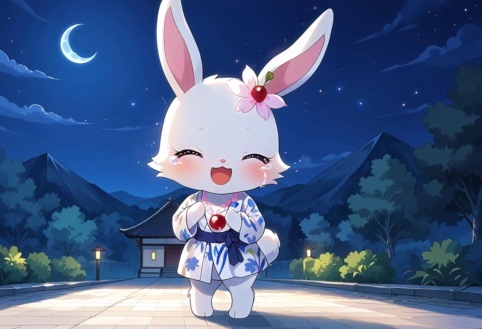 uploaded on e621, source_furry, moe, cute, score_10, score_9_up, score_8_up, score_7_up,
masterpiece, super fine illustration, best quality, light particles, ultra-detailed, 8K wallpaper, vivid colors,highly detailed beautiful face and eyes,
background:floral garden,nature_background,beautiful landscape, mountain, field,dark lighting,
(night time, night sky, dark blue lighting:1.3),
night,dark,moon,shiny,
standing,
smile,happy, Full Body, Romantic, Small Body, Furry, looking_pleasured, jewel pet, ((solo,1girl,female)),center,Ruby,perfect ruby,(white fur,white body),((white color cheek fur)),closed eyes,open smile,tears,happy_tears,bride,
((clothed)),east asian clothing,((japanese clothing)),bride clothing,wedding clothing,((jyojifuku,yukata)),
no humans,animal,rabbit,rabbit ears,white ears, hair_accessory, 1 cherry blossom on bunny head,cherry blossom hair accessory,jewelry,necklace,cherries gem,cherries necklace,