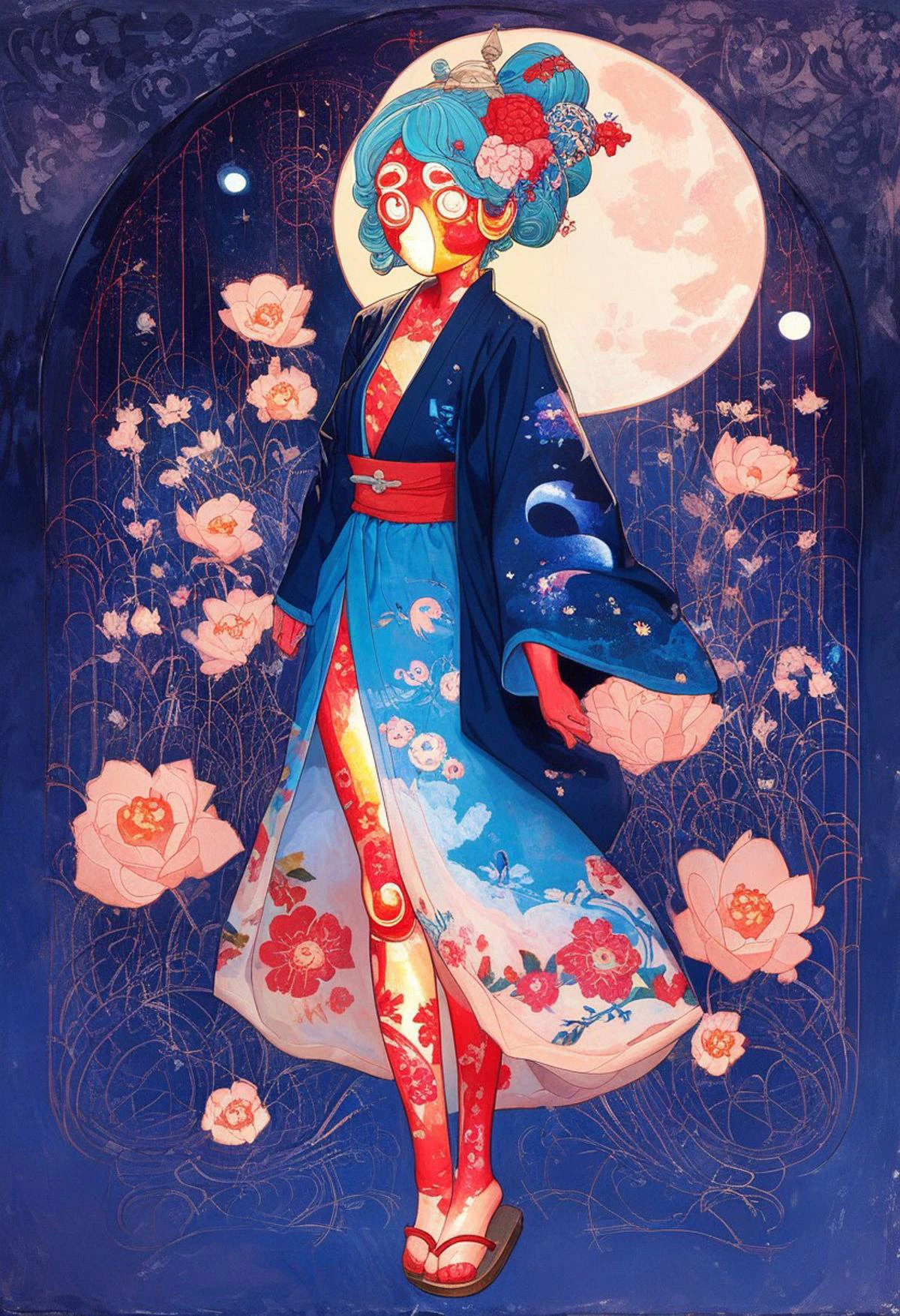 score_9, score_8_up, score_7_up, Expressiveh, ArsMJStyle, Art Nouveau,
jyojifuku, fluttering blue yukata, japanese clothes, floral print, hair ornament, sandals, painterly, shiny moon, dark sky,
high res image, masterpiece, best quality, woman, cute face, 1girl, (perfect curvy body), small breast, teasing bare thigh, plunging neckline, (mischievous look), looking at viewer, big beautiful eyes,
powerful glow around the girl, Chiaroscuro Lighting Style, (highlighted skin:1.6), delicate feet
