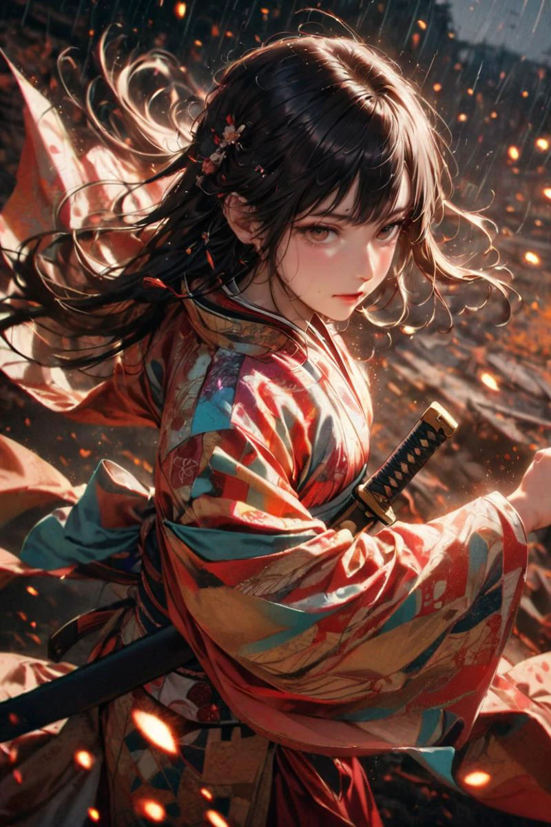 1girl,solo,Japanese,idol face,kimono,long hair,looking at viewer,black hair,holding,weapon,female focus,outdoors,holding sword,wind,sheath,clenched hand,rain,fighting stance,embers,lifelike,crisp ,precise,A shot with tension,impactful picture,golden hour,official art,colorful,splash of color,movie perspective,very aesthetic,disheveled hair,perfect composition,moist skin,intricate details,moody,epic,photorealistic,color graded cinematic ,atmospheric lighting,award winning photo,film grain,<lora:绪å¿XL æ¦ä¾ :0.9>,xuer martial arts style, <lora:yukata_XL_V1.0:0.8>,