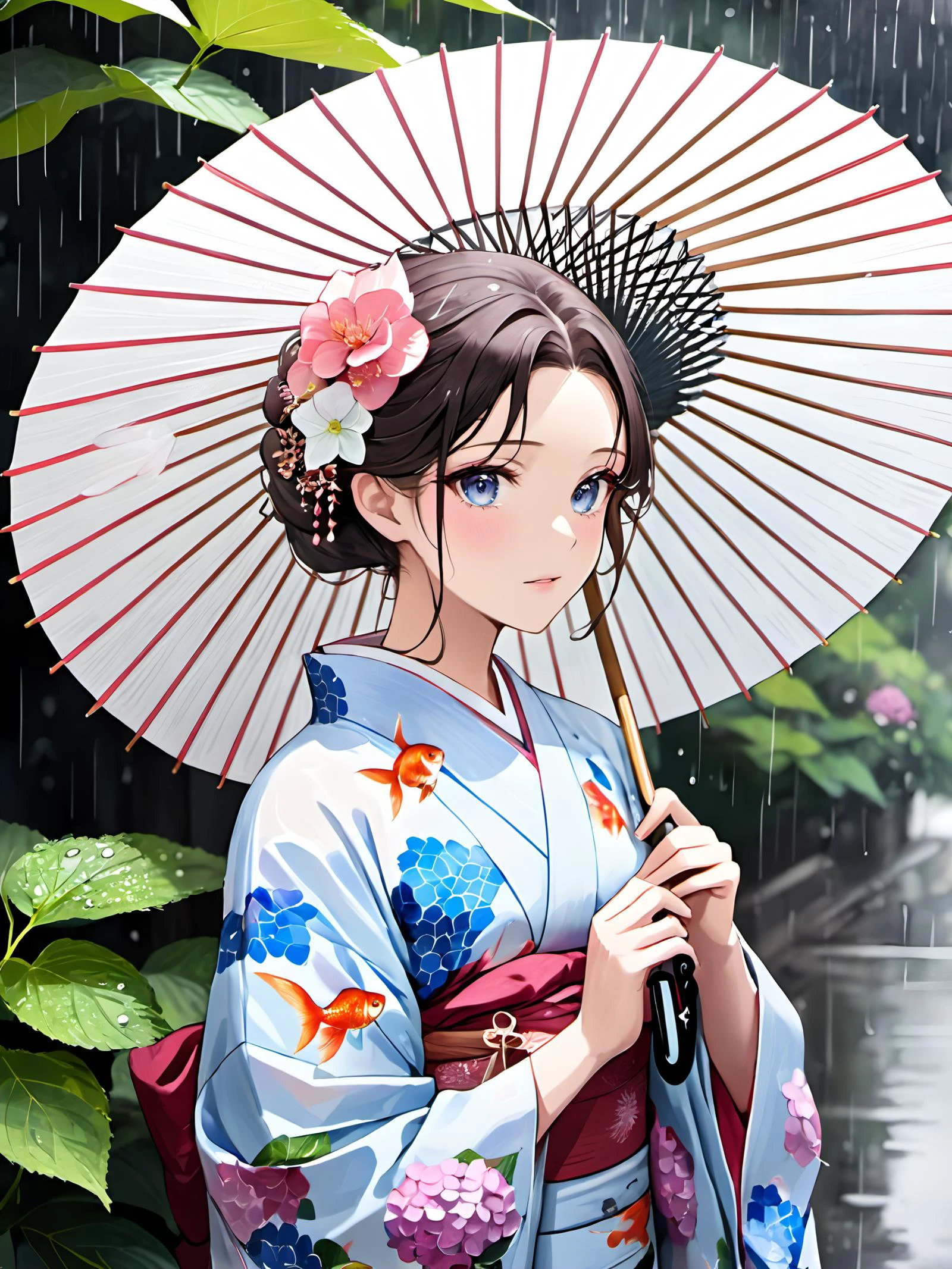 Rainy season. Hydrangea. A woman holding an umbrella. goldfish patterned clothes.
beautiful skin. extremely delicate and beautiful. ultra detailed. clear eyes, detailed eyes. beautiful eyes.
<lora:yukata_XL_V1.0:1> yukata. <lora:wagasa_Pony_V1.0:0.8> wagasa, oil-paper umbrella.