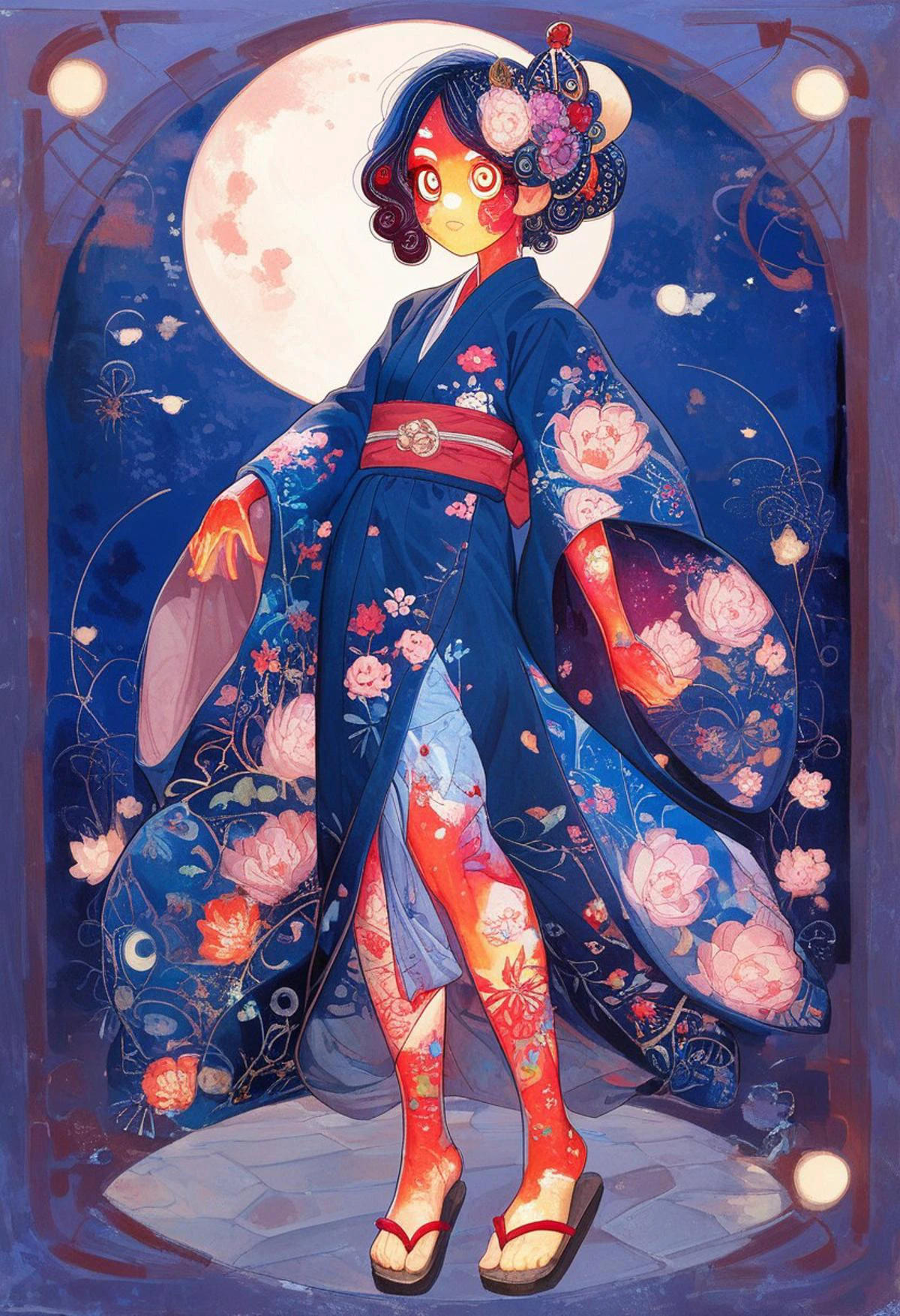 score_9, score_8_up, score_7_up, Expressiveh, ArsMJStyle, Art Nouveau,
jyojifuku, fluttering blue yukata, japanese clothes, floral print, hair ornament, sandals, painterly, shiny moon, dark sky,
high res image, masterpiece, best quality, woman, cute face, 1girl, (perfect curvy body), small breast, teasing bare thigh, plunging neckline, (mischievous look), looking at viewer, big beautiful eyes,
powerful glow around the girl, Chiaroscuro Lighting Style, (highlighted skin:1.6), delicate feet, explicit pose