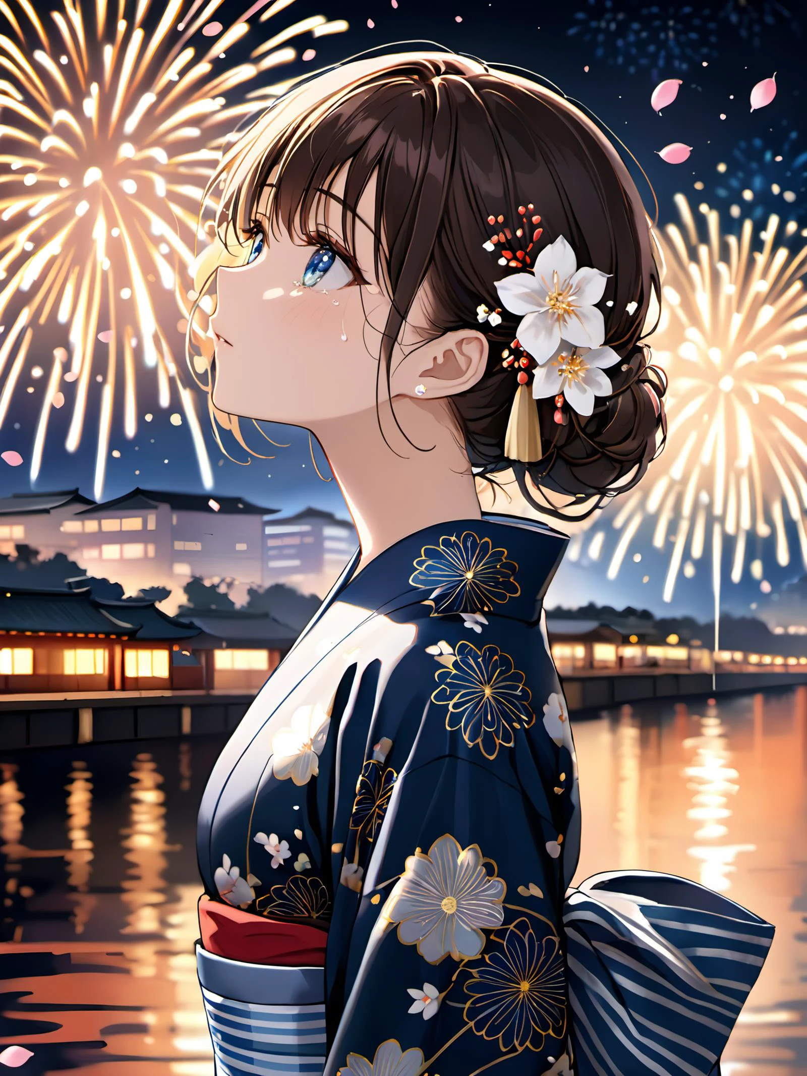 1 woman. flower background. petals. hair ornament. japanese clothes. line pattern clothes. night. river side. A lonely looking face. A face facing sideways. Looking up. side view. fire works. tears.
beautiful skin. extremely delicate and beautiful. ultra detailed. clear eyes, detailed eyes. beautiful eyes.
<lora:yukata_XL_V1.0:1> yukata.