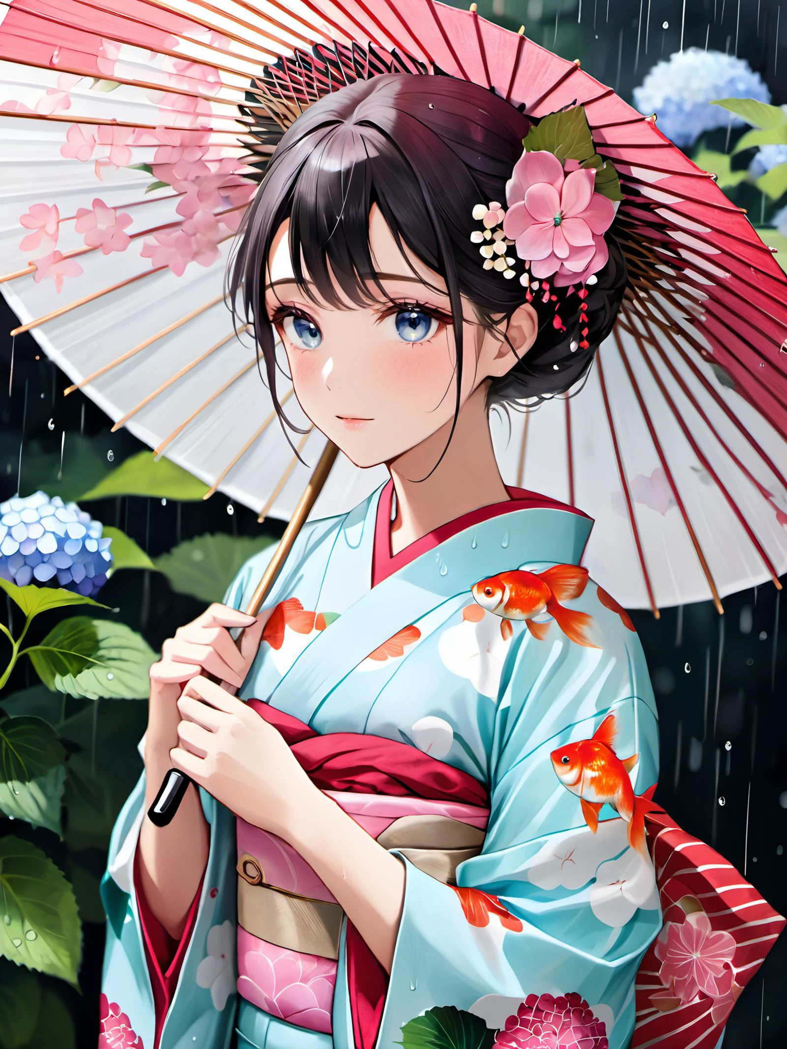 Rainy season. Hydrangea. A woman holding an umbrella. goldfish patterned clothes.
beautiful skin. extremely delicate and beautiful. ultra detailed. clear eyes, detailed eyes. beautiful eyes.
<lora:yukata_XL_V1.0:1> yukata. <lora:wagasa_Pony_V1.0:0.6> wagasa, oil-paper umbrella.