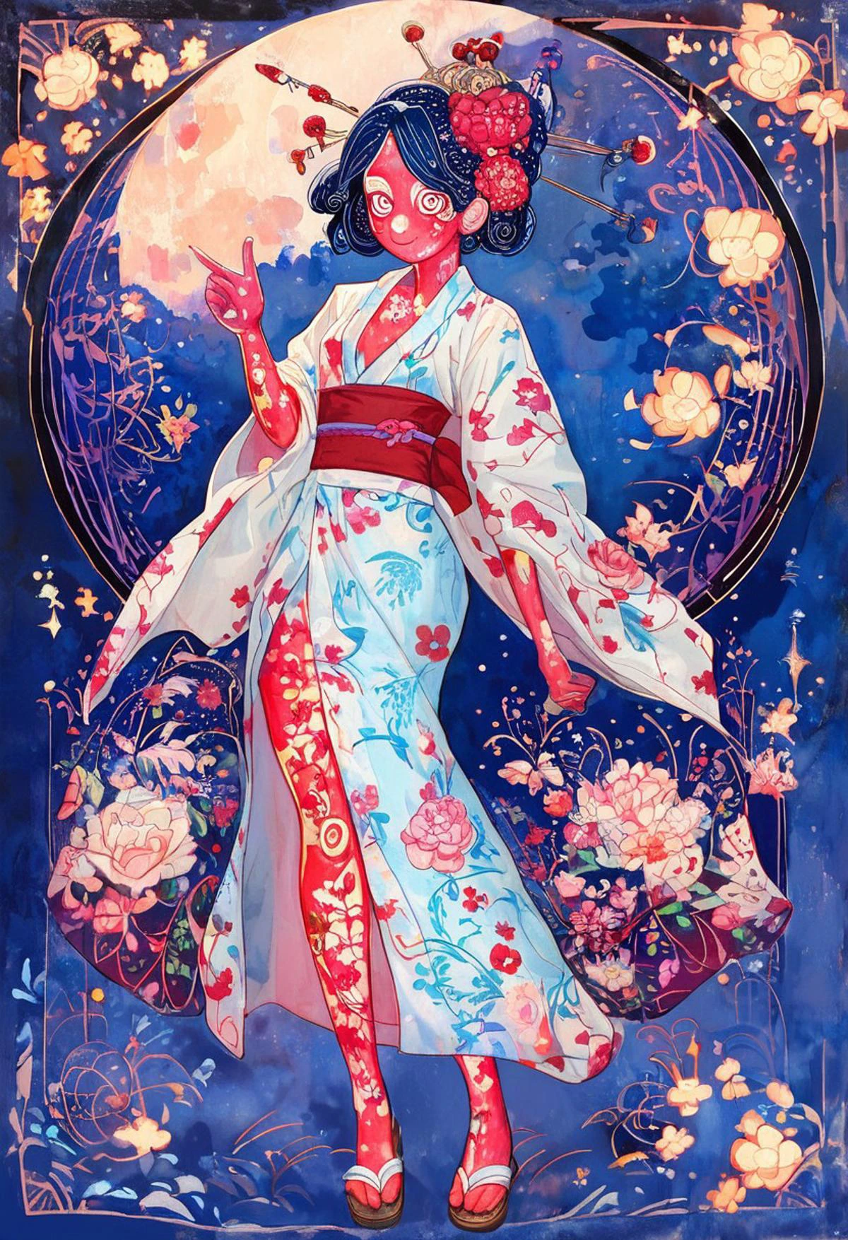 score_9, score_8_up, score_7_up, Expressiveh, ArsMJStyle, Art Nouveau,
jyojifuku, fluttering blue yukata, japanese clothes, floral print, hair ornament, sandals, painterly, shiny moon, dark sky,
high res image, masterpiece, best quality, woman, cute face, 1girl, (perfect curvy body), small breast, teasing bare thigh, plunging neckline, (mischievous look), looking at viewer, big beautiful eyes,
powerful glow around the girl, Chiaroscuro Lighting Style, (highlighted skin:1.6), delicate feet, explicit pose