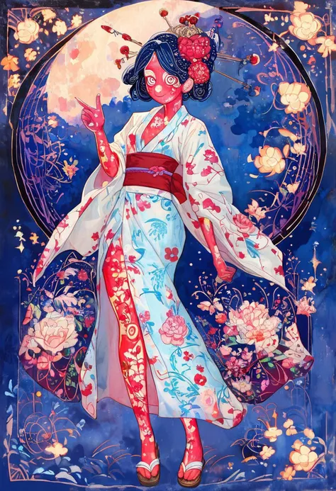 score_9, score_8_up, score_7_up, Expressiveh, ArsMJStyle, Art Nouveau,
jyojifuku, fluttering blue yukata, japanese clothes, floral print, hair ornament, sandals, painterly, shiny moon, dark sky,
high res image, masterpiece, best quality, woman, cute face, 1girl, (perfect curvy body), small breast, teasing bare thigh, plunging neckline, (mischievous look), looking at viewer, big beautiful eyes, 
powerful glow around the girl, Chiaroscuro Lighting Style, (highlighted skin:1.6), delicate feet, explicit pose