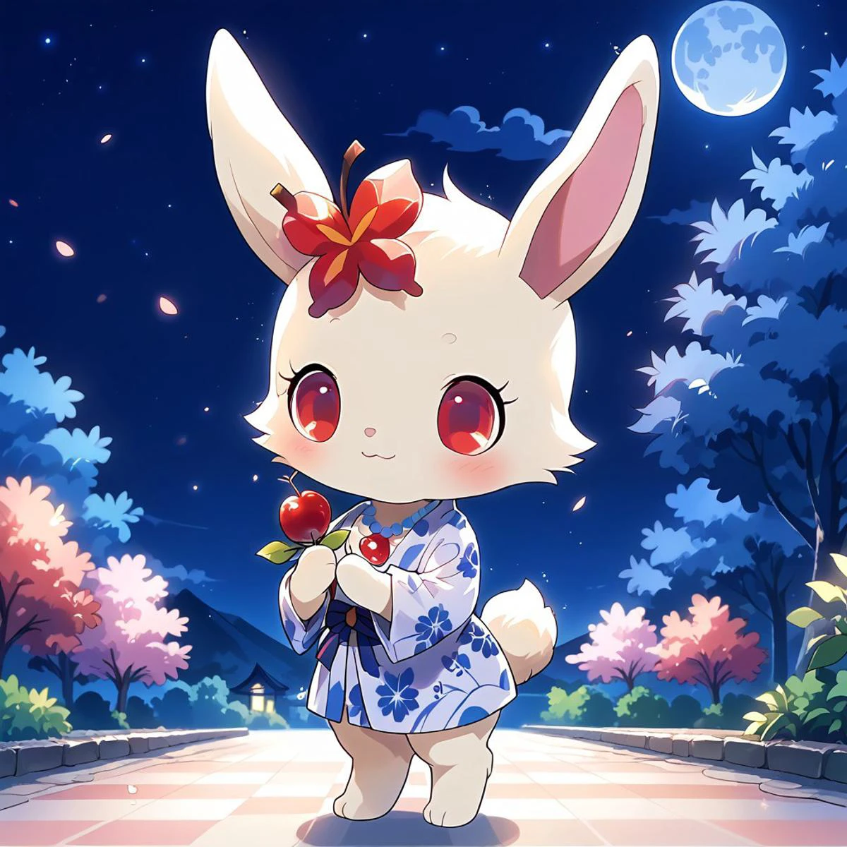 uploaded on e621, source_furry, moe, cute, score_10, score_9_up, score_8_up, score_7_up,
masterpiece, super fine illustration, best quality, light particles, ultra-detailed, 8K wallpaper, vivid colors,highly detailed beautiful face and eyes,
background:floral garden,nature_background,beautiful landscape, mountain, field,dark lighting,
(night time, night sky, dark blue lighting:1.3),
night,dark,moon,shiny,
standing,
smile,happy, Full Body, Romantic, Small Body, Furry, looking_pleasured, jewel pet, ((solo,1girl,female)),center,Ruby,perfect ruby,(white fur,white body),((white color cheek fur)),red eyes,bedroom eyes,closed smile,
((clothed)),east asian clothing,((japanese clothing)),((jyojifuku,yukata)),
no humans,animal,rabbit,rabbit ears,white ears, hair_accessory, 1 cherry blossom on bunny head,cherry blossom hair accessory,jewelry,necklace,cherries gem,cherries necklace,
