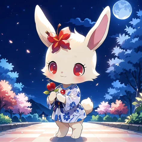 uploaded on e621, source_furry, moe, cute, score_10, score_9_up, score_8_up, score_7_up, 
masterpiece, super fine illustration, best quality, light particles, ultra-detailed, 8K wallpaper, vivid colors,highly detailed beautiful face and eyes,
  background:floral garden,nature_background,beautiful landscape, mountain, field,dark lighting,
(night time, night sky, dark blue lighting:1.3), 
night,dark,moon,shiny,
standing,
smile,happy, Full Body, Romantic, Small Body, Furry, looking_pleasured, jewel pet, ((solo,1girl,female)),center,Ruby,perfect ruby,(white fur,white body),((white color cheek fur)),red eyes,bedroom eyes,closed smile,
((clothed)),east asian clothing,((japanese clothing)),((jyojifuku,yukata)),
no humans,animal,rabbit,rabbit ears,white ears, hair_accessory, 1 cherry blossom on bunny head,cherry blossom hair accessory,jewelry,necklace,cherries gem,cherries necklace,