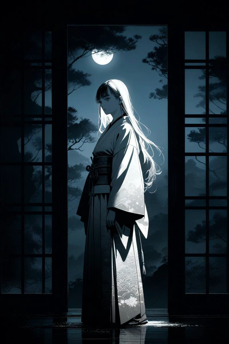 cinematic light,red and white color scheme,background with minimalistic elements, bold contrast,strong color contrast,black shadows, white,illustration,official art,masterpiece,perfect artwork,1girl,solo,24yo,(white long hair:1.2),female samurai,Meiji period,moonlight, historical, serene, mystical, pale skin, refined features, calm and determined expression,white traditional kimono with soft, muted colors, intricate patterns, standing gracefully, holding a katana at her side, three-quarter view, capturing her full figure, slight movement as if ready for action, but in a composed manner, background with a serene night scene, full moon casting soft light, traditional Japanese garden or countryside, soft color palette with blues, whites, and gentle shadows, creating a peaceful and ethereal atmosphere,greyscale,ambient lighting, <lora:yukata_XL_V1.0:0.5>, <lora:Temple Guard v1.0:0.5>, outdoors, <lora:绪å¿XL æ¦ä¾ :0.3>, <lora:monochromemuse:0.3>,monochrome,ink splatter,
