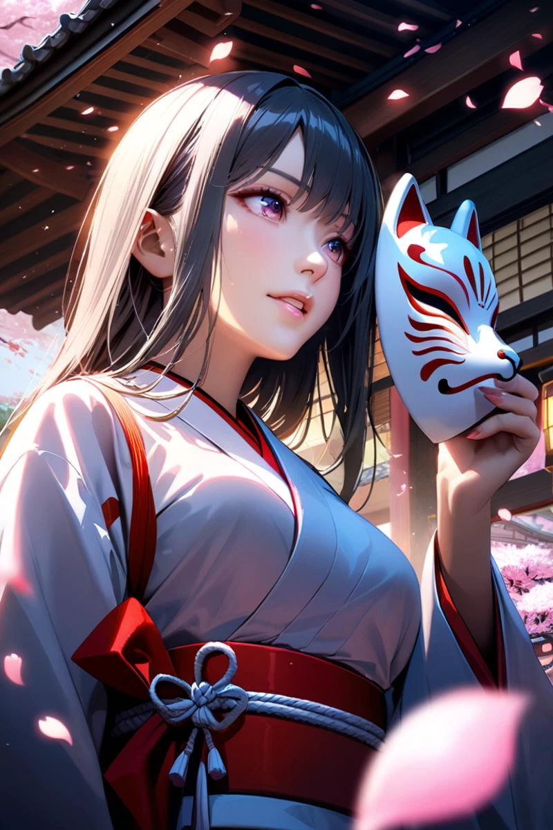 psychedelic tones,cinematic light,science fiction,future, semi realistic,HDR,official art,masterpiece,1girl,solo,1girl,solo,idol face,sliver hair,mesmerizing clear eyes,gorgeous lips,detailed skin,Straight hair,Bangs,middle breasts,(hand holding fox mask:1.2),miko,kimono,cherry blossoms, petals fluttering, dark theme,shallow depth of field,looking away,from below,form side, <lora:yukata_XL_V1.0:0.6>, <lora:Temple Guard v1.0:0.5>,outdoors,Japan architecture, <lora:ip-adapter-faceid-plusv2_sdxl_lora:0.5>,