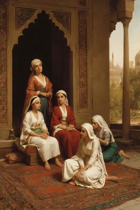 painting of a group of woman, sitting on ground, palace, harem, garden, detailed, realistic, photorealistic, <lora:Orientalism_Art:0.64>